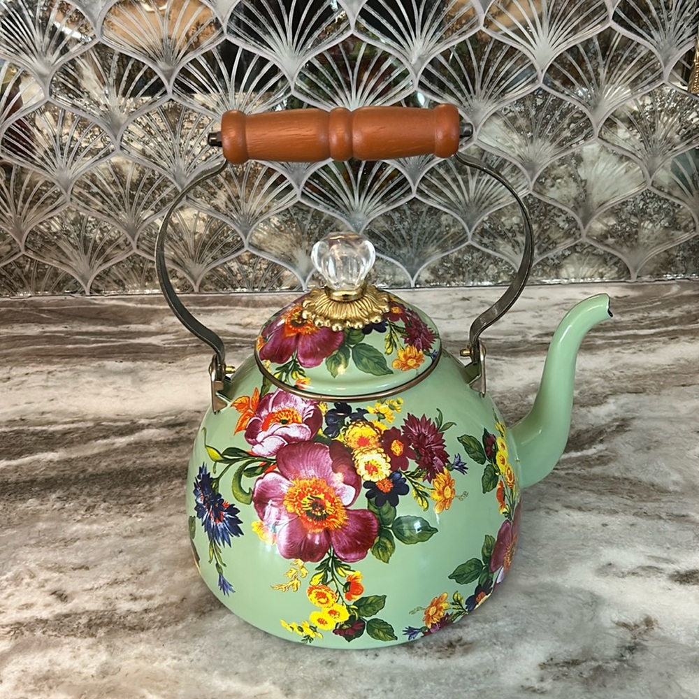 MacKenzie Childs 2 Quart Green Floral Market Teapot